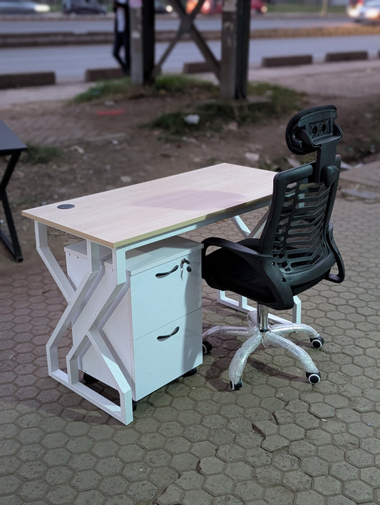 1.2 meters Metal frame desk, pedestal drawer and headrest chair